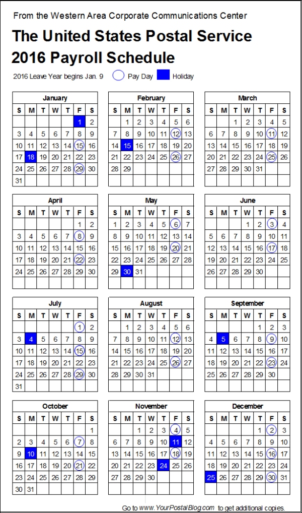 2016 Postal Payroll Calendar Long